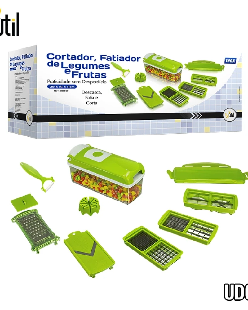 Cortador fatiador multifuncional com recipiente