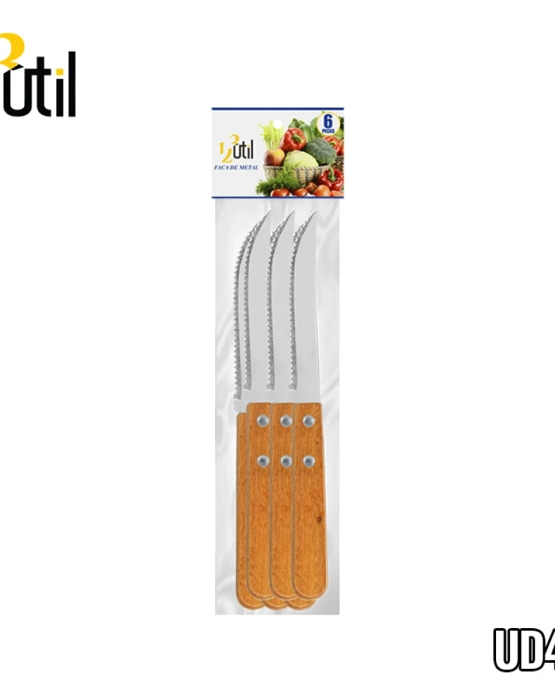 Faca de metal c/ cb de mad p/ mesa c/ 6 pcs