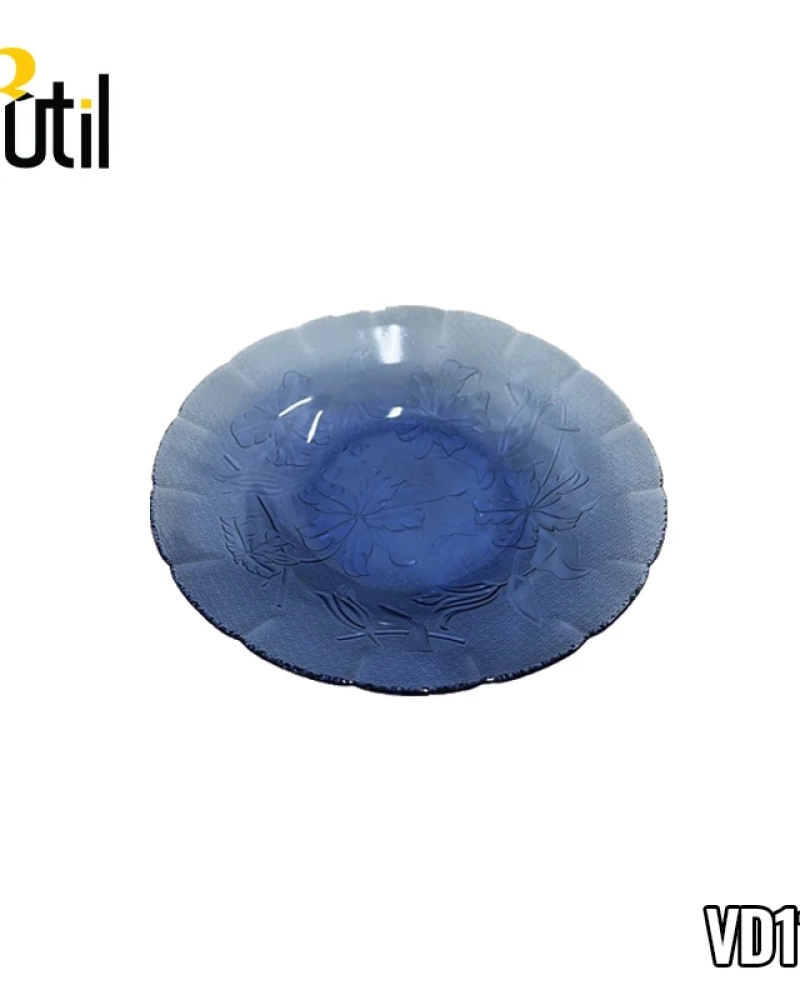 Prato fundo de vidro azul flores 9" 22cm