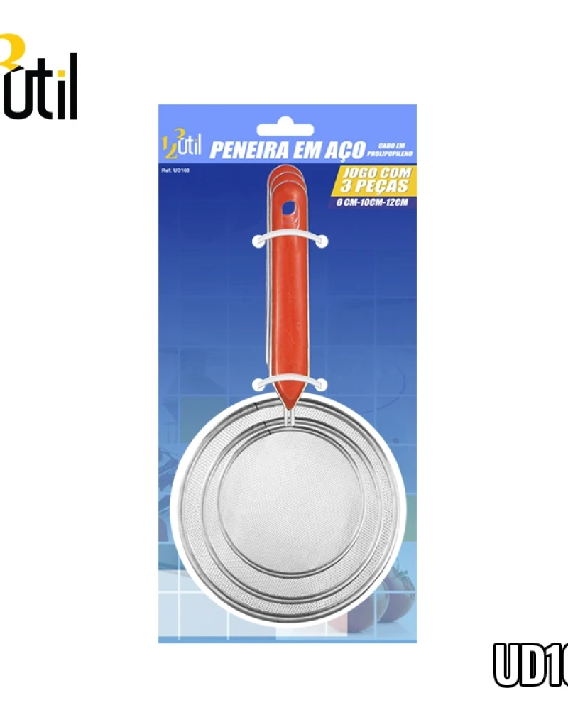 Peneira em aço inox jg c/ 3 pcs cabo poliprop.