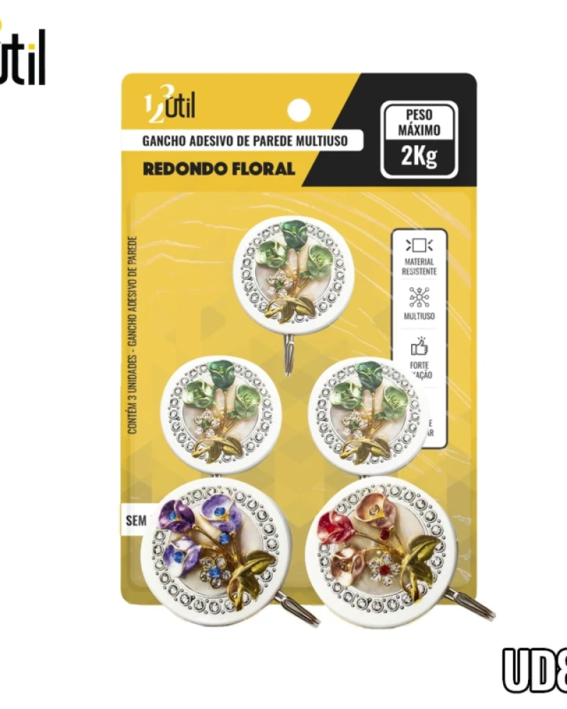 Gancho adesivo parede multiuso redondo floral 3pcs