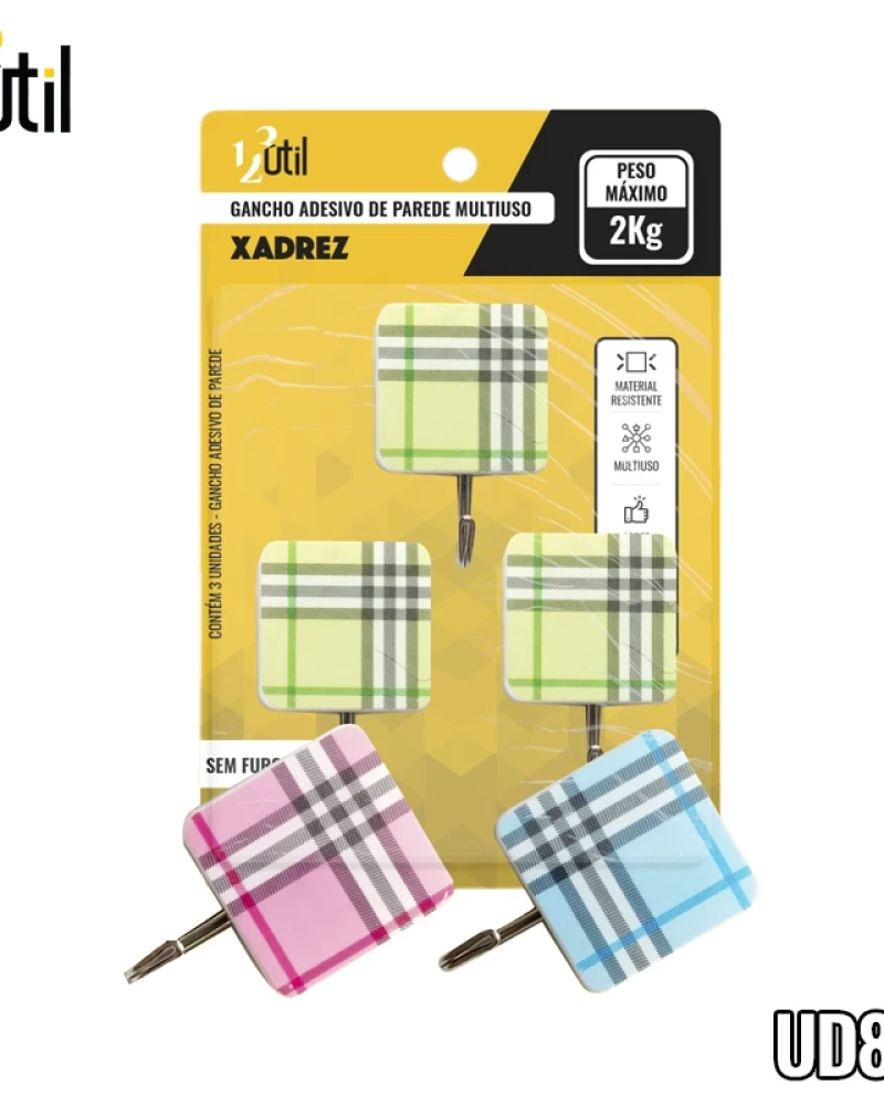 Gancho adesivo d parede multiuso xadrez 3pcs