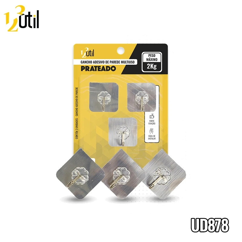 Gancho adesivo de parede prateado 3pcs 6*6cm