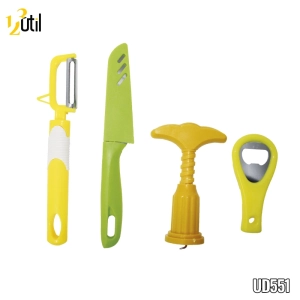 Faca, descascador, abridor de latas e saca rolha -