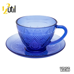 Xicara cha vidro azul coracao 240ml 12pçs c/pires