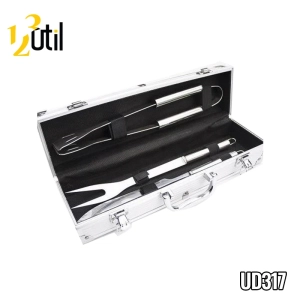 Maleta churrasco aço inox cor prata com 3 peças