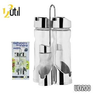 Galheteiro de vidro com 4 pcs tampa cromada