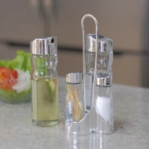 Galheteiro de vidro com 4 pcs tampa cromada