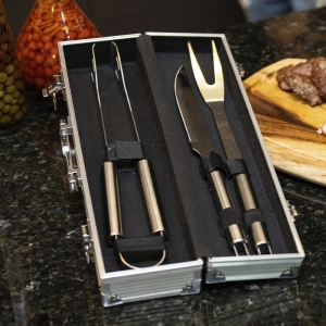 Maleta churrasco aço inox cor prata com 3 peças