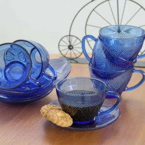 Xicara cha vidro azul coracao 240ml 12pçs c/pires